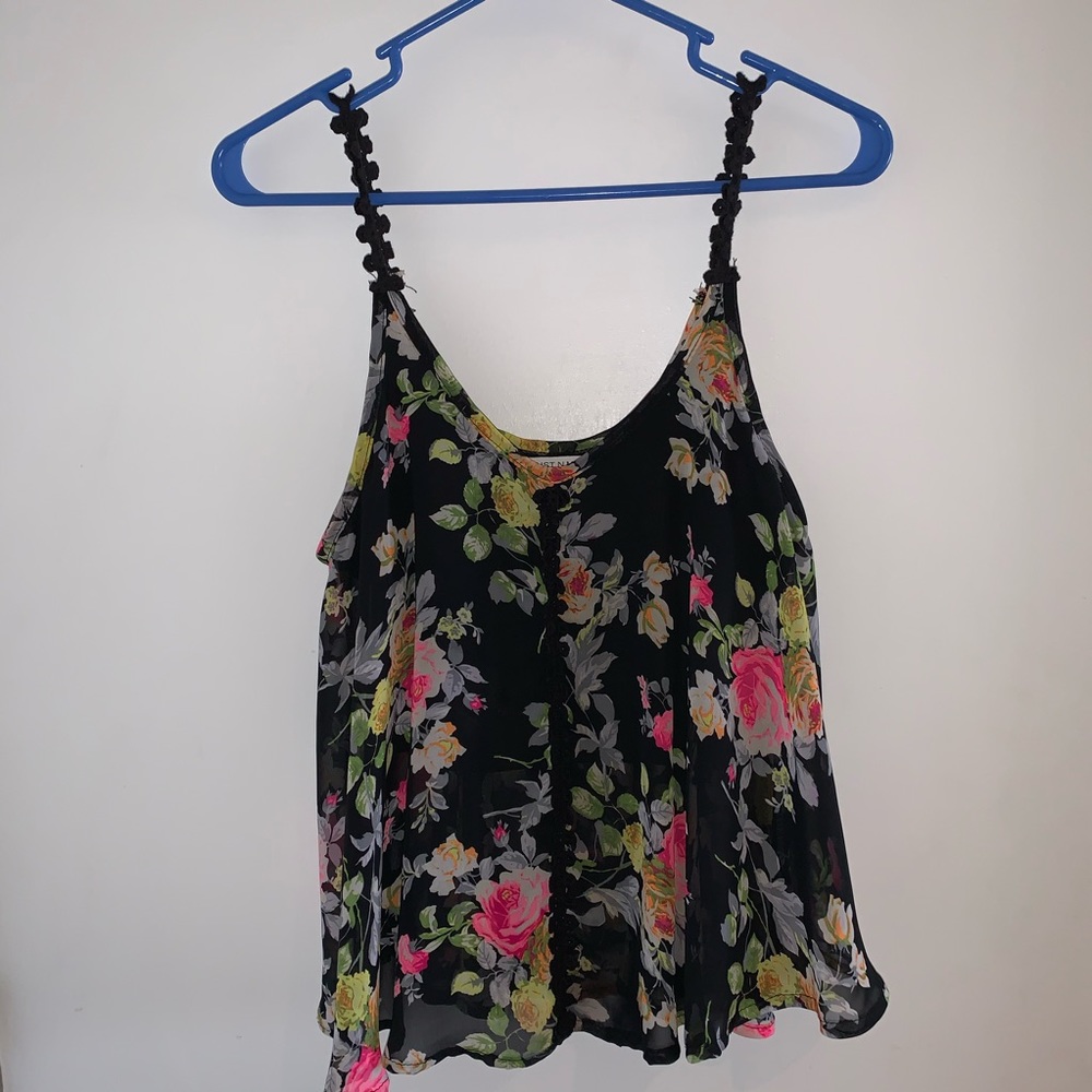 Black floral top with sheer on bottom